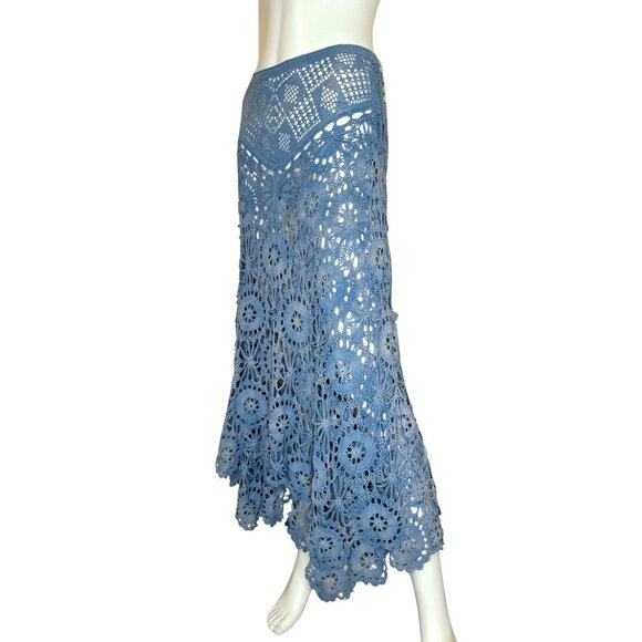Ralph Lauren Vintage Size L Blue crochet Lace Bohemian Skirt Hand Knit Cotton - Picture 3 of 10